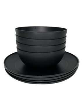 8 Piece Black Plastic 4 Plates, 4 Bowls Set